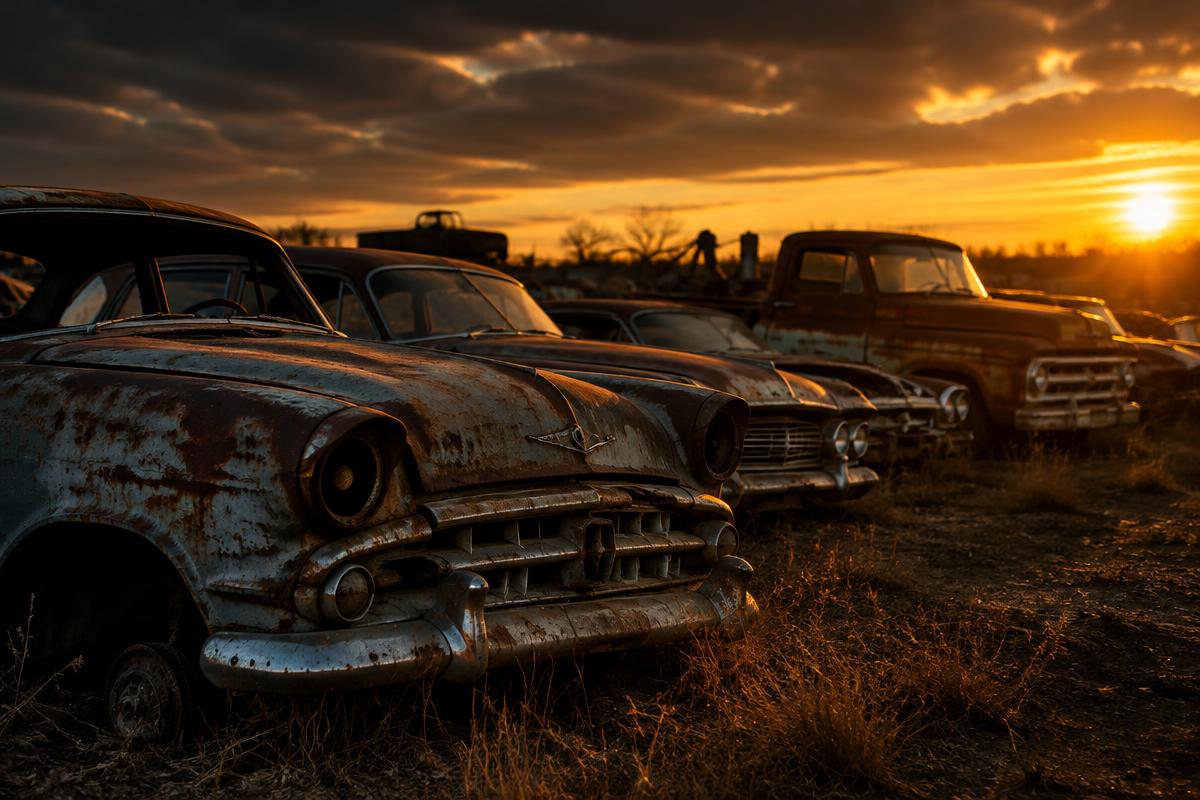 Old junk cars and a pickup truck at sunset